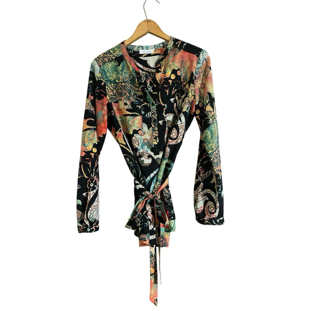 Women's Calvin Klein 1/2 Button Tie Front Hawaiian Print Blouse Kimono Medium